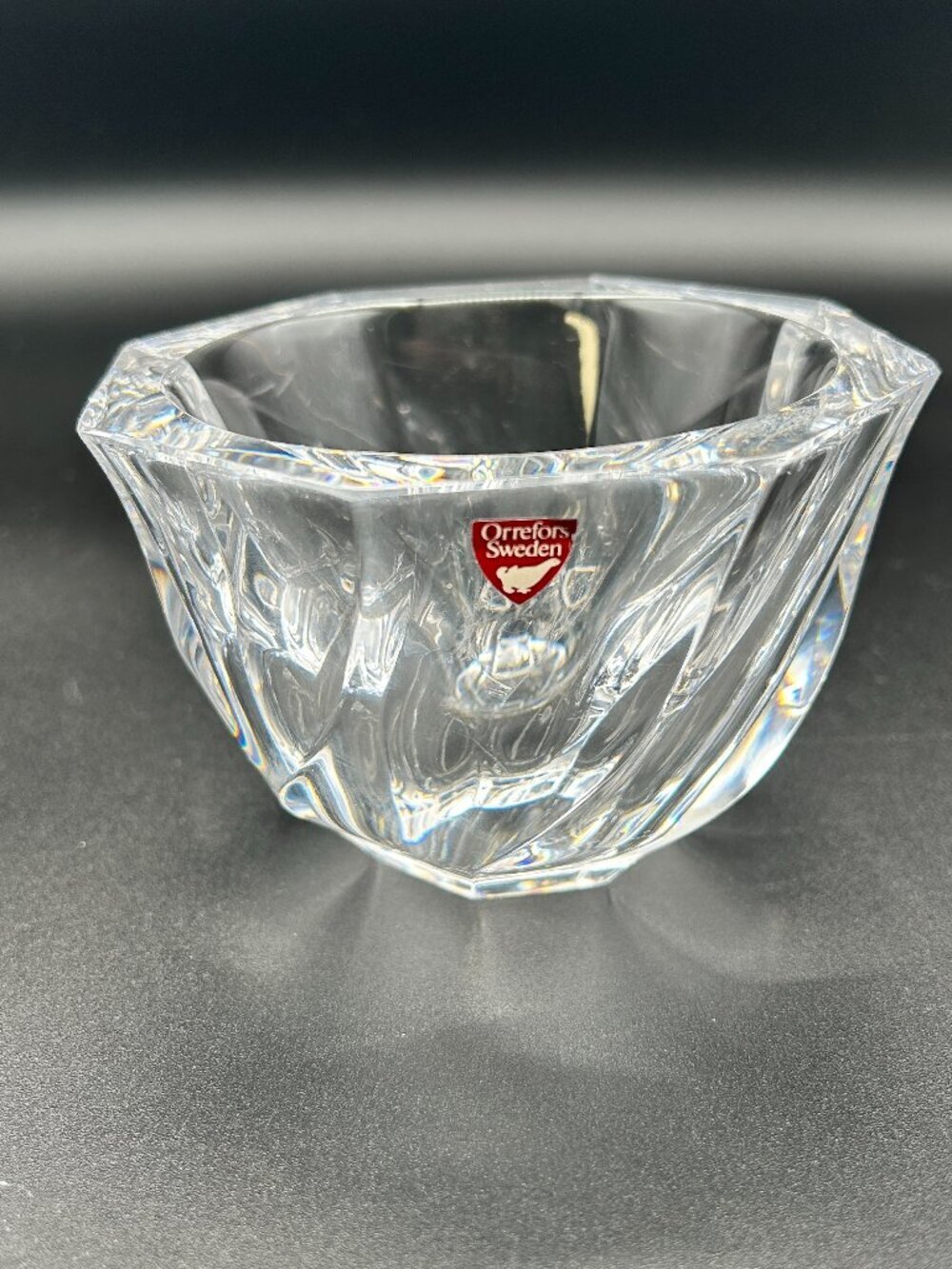 Orrefors Sweden Crystal Bowl 5" Scandinavian Heavy Art Glass Candy Faceted Swirl